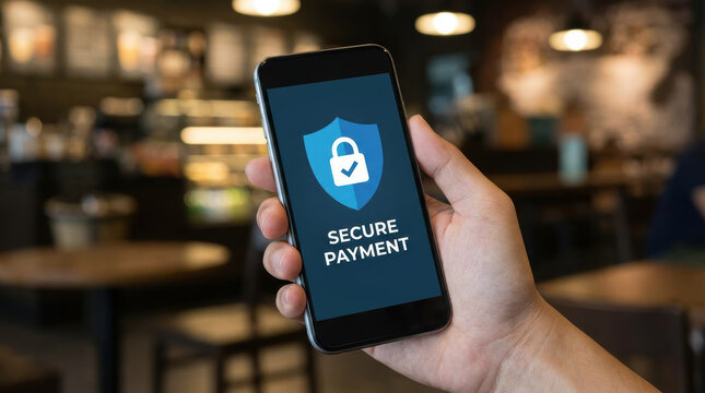 Secure payment technology digital online security system secure safe verification cyberspace on screen in coffee shop hand hold smartphone happy safe digital payment verification system - Powered by Adobe