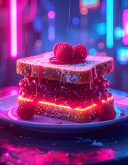 A bright, artistic shot of a raspberry sandwich on a plate, with a vibrant neon-lit city background