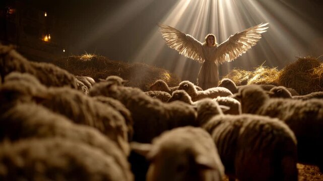 Angels bring a message of joy and hope to shepherds in the fields at night