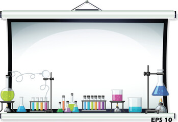 Obraz premium Science Lab Presentation Frame. Vector Projector Screen Background with Chemical Flasks, Beakers, Test Tubes, and Bunsen Burners