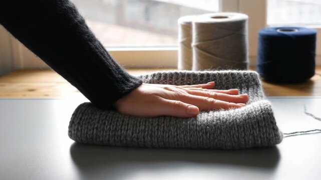 Close-up view of a hand smoothing out a folded gray knitted sweater on a table with spools of yarn in the background, natural light illuminating the scene