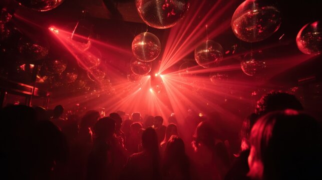 Energetic nightclub scene with vibrant red lights and dancing crowd.