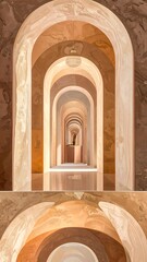 A long tunnel of arches receding into the distance with a statue at the far end, in warm, muted, sandy tones