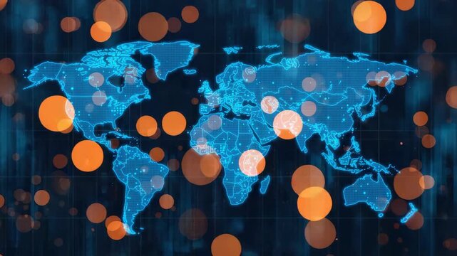 Digital world map network with glowing data nodes and warm orange bokeh global connectivity