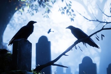 Obraz premium Eerie cemetery with silhouetted crows on tombstones at dusk