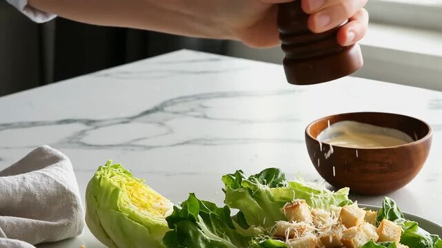 Close-up of a hand sprinkling seasoning over fresh romaine lettuce and croutons next to a bowl of dressing on a marble countertop