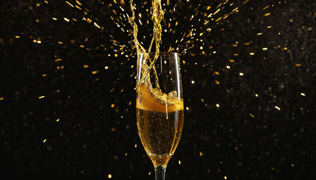 Spritzender Champagner beim Einschenken in ein Glas auf schwarzem Hintergrund