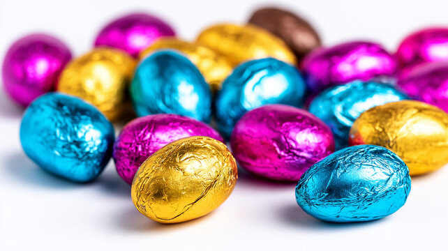 Chocolate Easter eggs in colored foil on a white background.