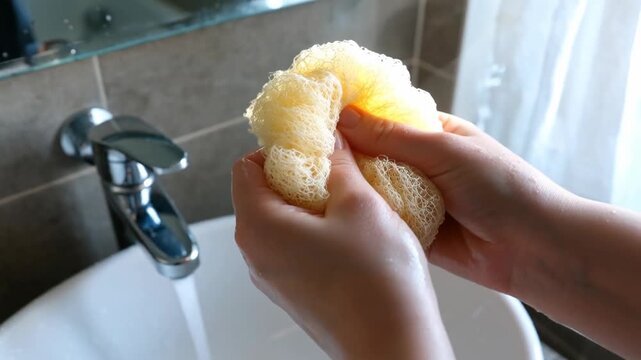 Close-up of hands holding a natural sponge under running water at a bathroom sink, showcasing texture and hand movement