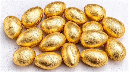 Chocolate Easter eggs in gold foil on a white background.