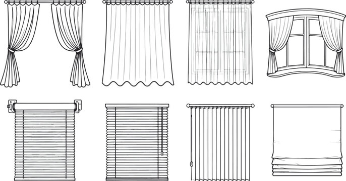 Elegant silhouettes of various drapery styles, showcasing the versatility of window treatments, drawn with precise detail. 