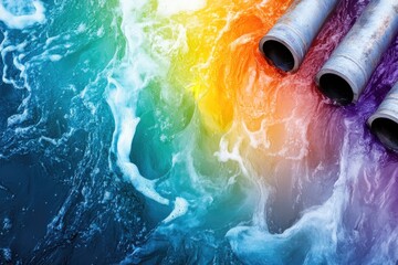 Vibrant streams of colorful liquid pouring from pipes into water