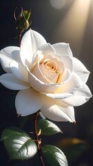 A bright, creamy white rose with a budding stem, softly illuminated against a blurred dark background
