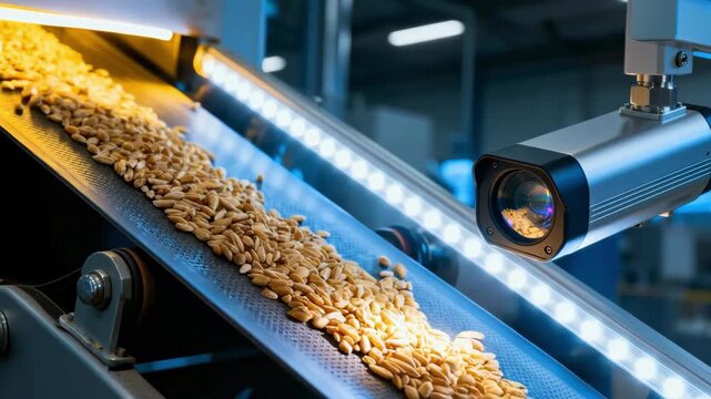 Medium shot of a conveyor belt carrying cereal grains under a deeplearning camera system detecting texture and color variations for quality grading in real time.
