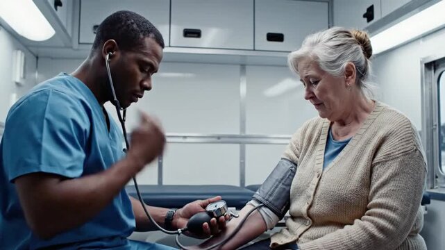 Male paramedic carefully checks the blood pressure of an elderly female patient inside the confined space of an ambulance vehicle.