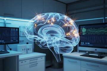 A digital rendering of a brain with neural connections, symbolizing advanced technology and neuroscience.
