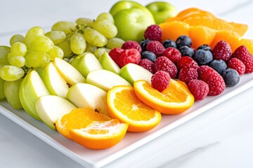 Vibrant fruit platter with berries, apples, and citrus slices on marble surface