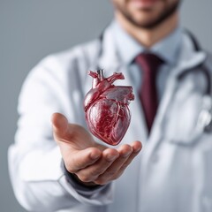 A doctor holding a realistic model of a human heart in a healthcare setting, demonstrating medical expertise.