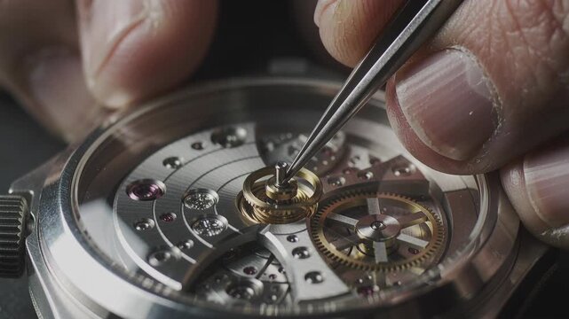 Man watchmaker using tweezers to adjust watch mechanism, repair of mechanical time movement. Precision repair and assembly work for watch.