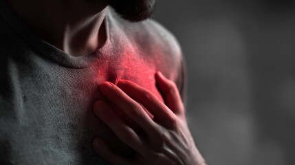 Naklejka premium A person experiencing emotional pain, clutching chest in distress, highlighting the struggle of mental health issues.