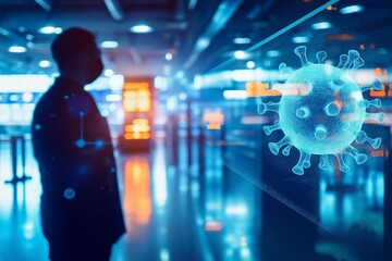 A person standing in a modern space, contemplating the impact of the coronavirus on society amidst digital visuals.