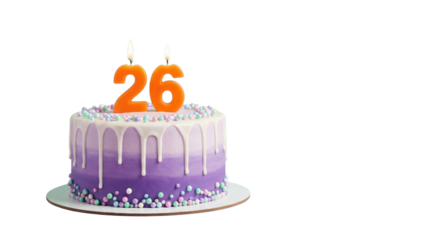 Purple Ombre Birthday Cake with Orange Number 26 Candles on White Background