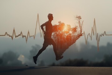 A runner embodies vitality and connection to nature as the sun sets behind a heartbeat background.