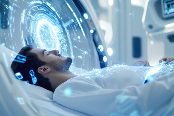 Futuristic medical technology: patient undergoing advanced digital diagnosis in sci-fi laboratory