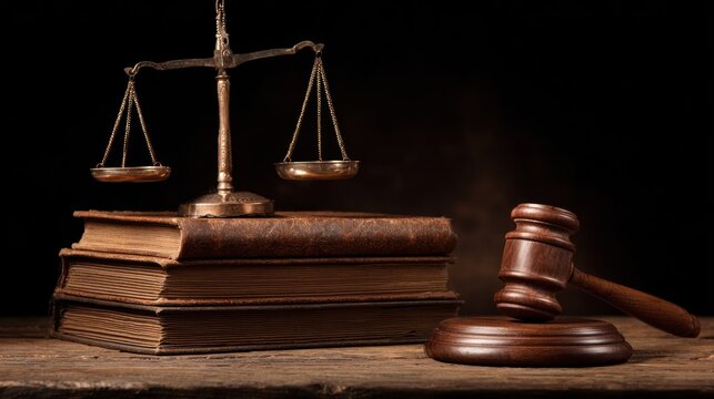 A wooden gavel and scales of justice on a dark background.