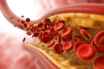 An illustration of blood flow through an artery, showcasing red blood cells and fat deposits in a detailed view.