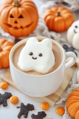 Autumn pumpkin spice latte with festive halloween marshmallow and seasonal decor