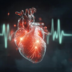 Anatomically detailed 3D rendering of a human heart pulsating with an electrocardiogram backdrop.