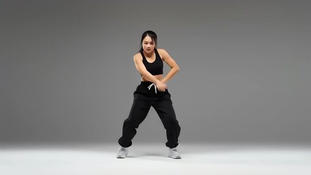 An Asian female dancer performing freestyle hip hop choreography in a professional studio environment. Controlled lighting, wide framing, and dynamic camera tracking highlight movement, energy