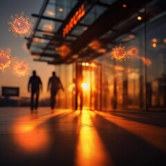 Silhouettes of people exiting a modern building at sunset, with abstract virus imagery in the background.