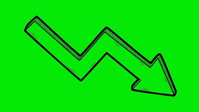 animated hand drawn style arrow showing a downward trend or decrease. 2d doodle sketch with black fill on green screen chroma key background for finance and crisis videos