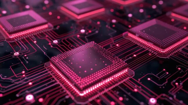 Glowing pink microchip circuit board with neon glowing semiconductor energy and futuristic