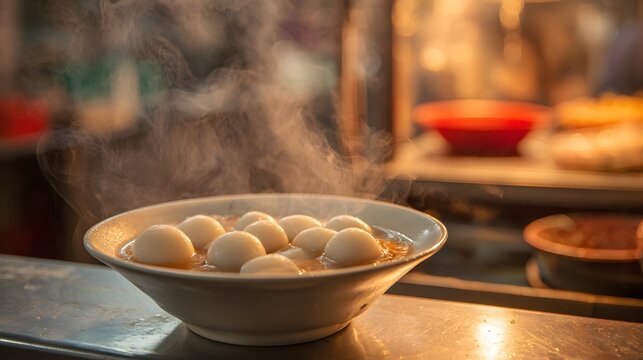 Plain tangyuan sweet rice dumplings in hot ginger soup at street food stall.