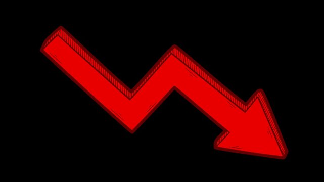 High-end doodle animation of a red arrow falling in zigzag. Concept of financial crisis, loss, or negative business trend. 2D animation with alpha channel for easy integration
