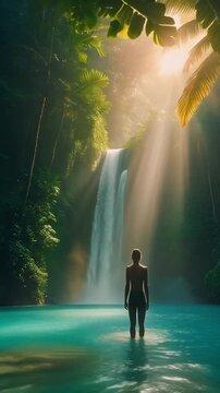 A still back-view silhouette stands at the base of an emerald green tropical waterfall.