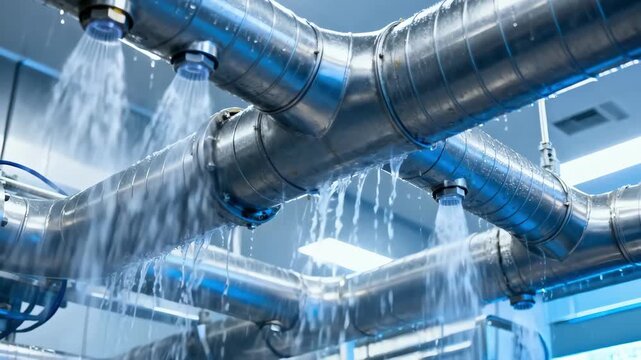 Medium shot capturing highpressure rinse water flowing through large ducts focusing on the effectiveness of cleaninplace systems removing residues in hygienic production lines.