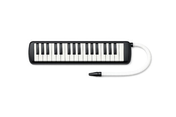Black melodica with white keys and flexible tube on a black background