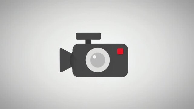 Flat vector-style animation of a video camera icon forming from geometric shapes. Clean composition, solid colors, and smooth camera zoom movement