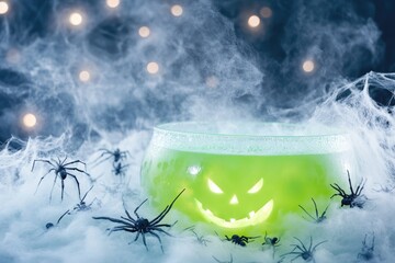 Spooky halloween drink with green potion, plastic spiders, and candlelit ambiance
