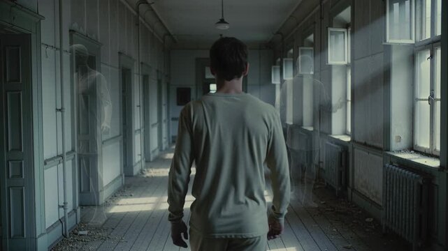 Man walking through abandoned hospital hallway with paranormal presence of a ghost for a scary horror movie
