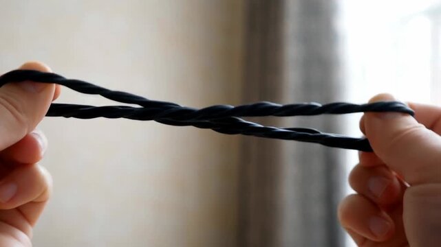Close-up of hands twisting and knotting two black cords together, creating an intricate pattern, with soft natural light in the background