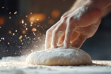 Hands kneading dough with flour for baking in warm natural light