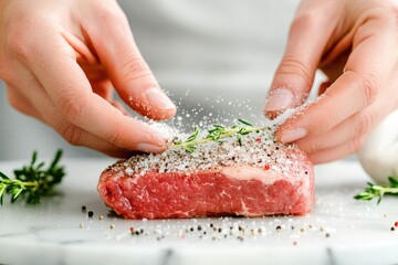 Chef seasoning raw steak with salt and pepper, ready for cooking