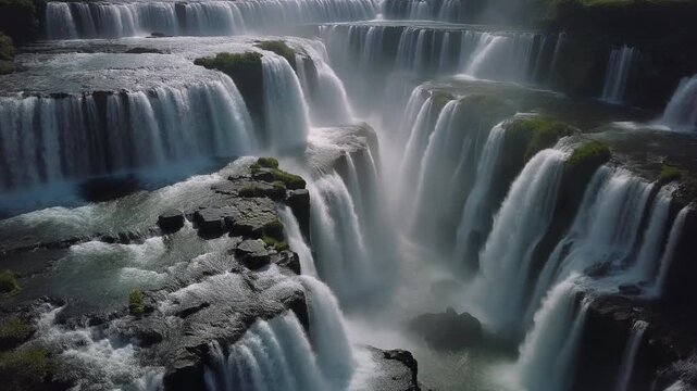  drone orbit shot reveals a still silhouette standing at the edge of cascading multi layered waterfalls.