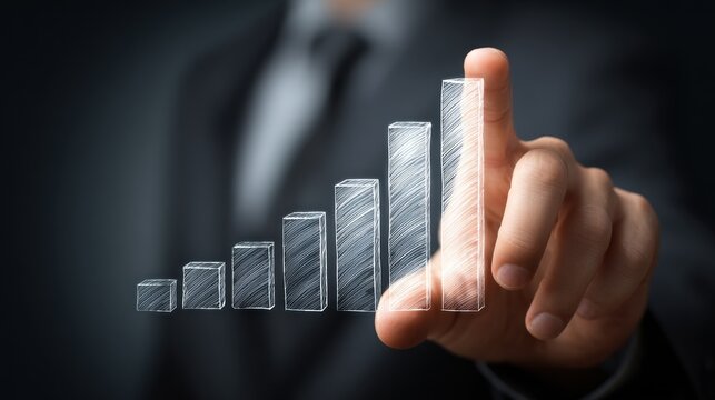 A businessman pointing to a bar graph with a rising trend.