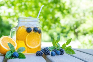 Refreshing berry lemonade in a jar with fresh mint on a sunny day outdoors